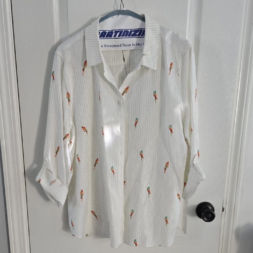 Chico's Cream Button Down Shirt with Orange and Green Accents